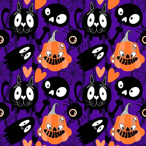 Cadılar Bayramı hayaletleri kağıt, kumaş, çarşaf ve çocuk giysileri baskısı, ambalaj ve şenlikli aksesuarlar için kusursuz çizgi film desenleri. Yüksek kaliteli illüstrasyon