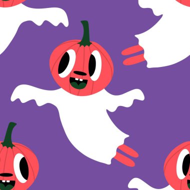 Cadılar Bayramı hayaletleri kağıt, kumaş, çarşaf ve çocuk giysileri baskısı, ambalaj ve şenlikli aksesuarlar için kusursuz çizgi film desenleri. Yüksek kaliteli illüstrasyon