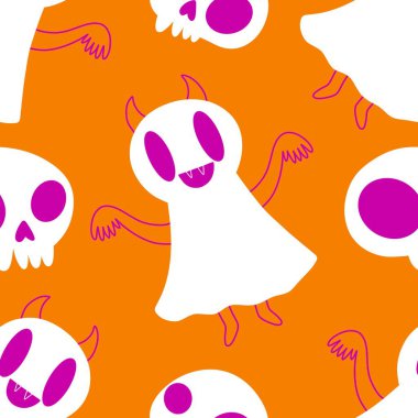 Cadılar Bayramı hayaletleri kağıt, kumaş, çarşaf ve çocuk giysileri baskısı, ambalaj ve şenlikli aksesuarlar için kusursuz çizgi film desenleri. Yüksek kaliteli illüstrasyon