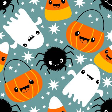 Cadılar Bayramı hayaletleri kağıt, kumaş, çarşaf ve çocuk giysileri baskısı, ambalaj ve şenlikli aksesuarlar için kusursuz çizgi film desenleri. Yüksek kaliteli illüstrasyon