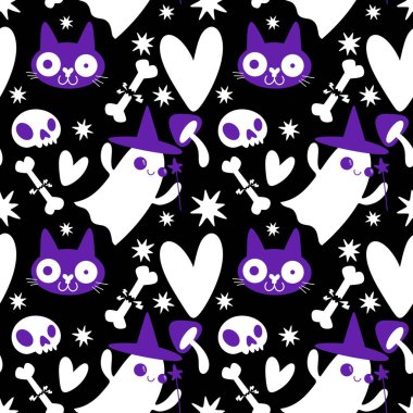 Cadılar Bayramı hayaletleri kağıt, kumaş, çarşaf ve çocuk giysileri baskısı, ambalaj ve şenlikli aksesuarlar için kusursuz çizgi film desenleri. Yüksek kaliteli illüstrasyon