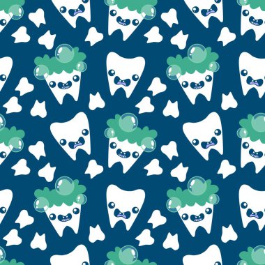 Kağıt, kumaş, çarşaf, çocuk giysisi baskısı, doktor aksesuarları ve eczane ambalajları için tıbbî ve kusursuz diş deseni. Yüksek kaliteli illüstrasyon