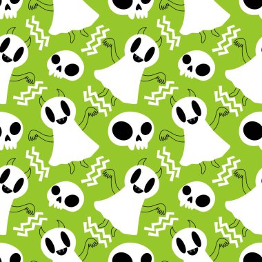 Cadılar Bayramı hayaletleri kağıt, kumaş, çarşaf ve çocuk giysileri baskısı, ambalaj ve şenlikli aksesuarlar için kusursuz çizgi film desenleri. Yüksek kaliteli illüstrasyon