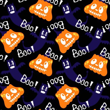 Cadılar Bayramı hayaletleri kağıt, kumaş, çarşaf ve çocuk giysileri baskısı, ambalaj ve şenlikli aksesuarlar için kusursuz çizgi film desenleri. Yüksek kaliteli illüstrasyon