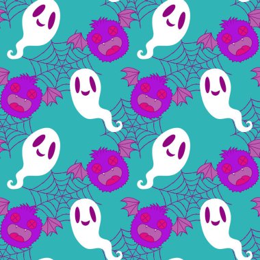 Cadılar Bayramı hayaletleri kağıt, kumaş, çarşaf ve çocuk giysileri baskısı, ambalaj ve şenlikli aksesuarlar için kusursuz çizgi film desenleri. Yüksek kaliteli illüstrasyon
