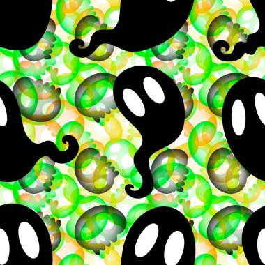 Cadılar Bayramı hayaletleri kağıt, kumaş, çarşaf ve çocuk giysileri baskısı, ambalaj ve şenlikli aksesuarlar için kusursuz çizgi film desenleri. Yüksek kaliteli illüstrasyon