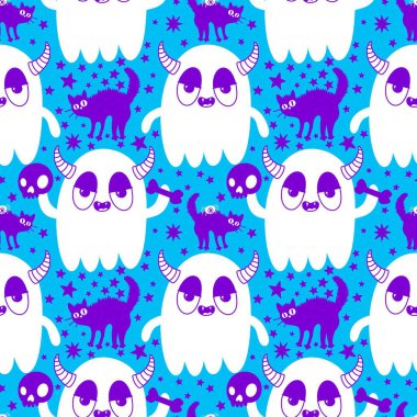 Cadılar Bayramı hayaletleri kağıt, kumaş, çarşaf ve çocuk giysileri baskısı, ambalaj ve şenlikli aksesuarlar için kusursuz çizgi film desenleri. Yüksek kaliteli illüstrasyon