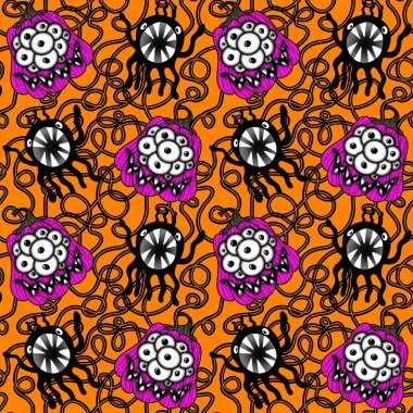 Cadılar Bayramı balkabakları kağıt, kumaş, çarşaf, çocuk giysisi baskısı, şenlik ambalajı ve sonbahar partisi aksesuarları için kusursuz canavar desenleri. Yüksek kaliteli illüstrasyon