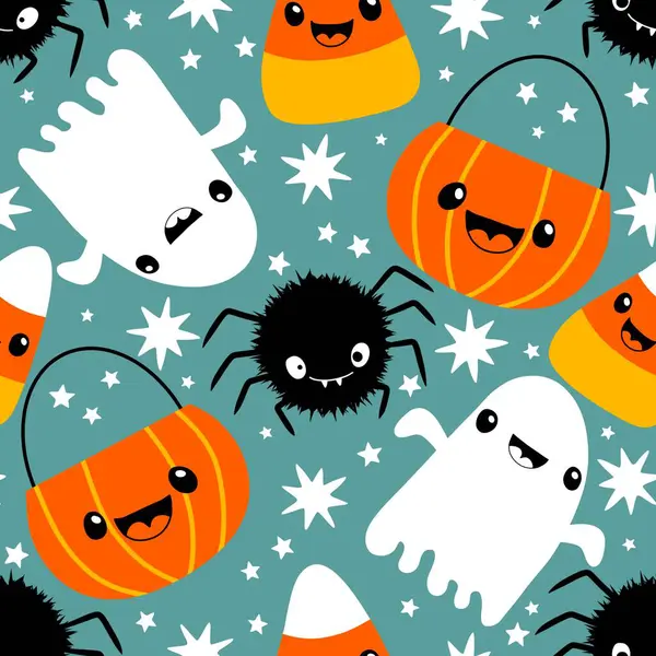 Cadılar Bayramı hayaletleri kağıt, kumaş, çarşaf ve çocuk giysileri baskısı, ambalaj ve şenlikli aksesuarlar için kusursuz çizgi film desenleri. Yüksek kaliteli illüstrasyon