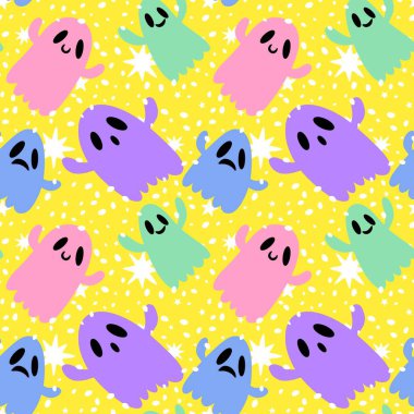 Cadılar Bayramı hayaletleri kağıt, kumaş, çarşaf ve çocuk giysileri baskısı, ambalaj ve şenlikli aksesuarlar için kusursuz çizgi film desenleri. Yüksek kaliteli illüstrasyon