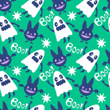 Cadılar Bayramı hayaletleri kağıt, kumaş, çarşaf ve çocuk giysileri baskısı, ambalaj ve şenlikli aksesuarlar için kusursuz çizgi film desenleri. Yüksek kaliteli illüstrasyon