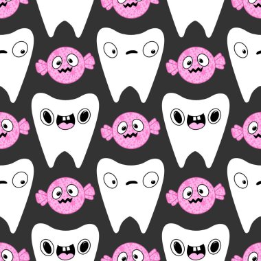 Kağıt, kumaş, çarşaf, çocuk giysisi baskısı, doktor aksesuarları ve eczane ambalajları için tıbbî ve kusursuz diş deseni. Yüksek kaliteli illüstrasyon