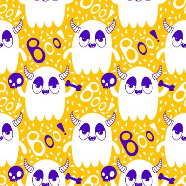 Cadılar Bayramı hayaletleri kağıt, kumaş, çarşaf ve çocuk giysileri baskısı, ambalaj ve şenlikli aksesuarlar için kusursuz çizgi film desenleri. Yüksek kaliteli illüstrasyon