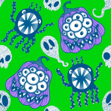 Cadılar Bayramı balkabakları kağıt, kumaş, çarşaf, çocuk giysisi baskısı, şenlik ambalajı ve sonbahar partisi aksesuarları için kusursuz canavar desenleri. Yüksek kaliteli illüstrasyon