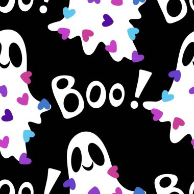 Cadılar Bayramı hayaletleri kağıt, kumaş, çarşaf ve çocuk giysileri baskısı, ambalaj ve şenlikli aksesuarlar için kusursuz çizgi film desenleri. Yüksek kaliteli illüstrasyon