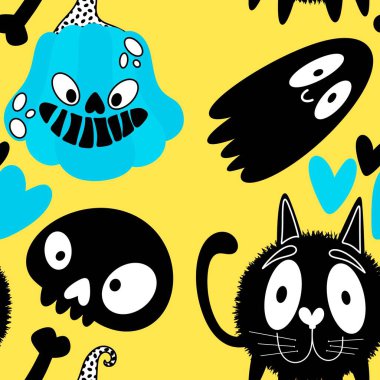 Cadılar Bayramı hayaletleri kağıt, kumaş, çarşaf ve çocuk giysileri baskısı, ambalaj ve şenlikli aksesuarlar için kusursuz çizgi film desenleri. Yüksek kaliteli illüstrasyon