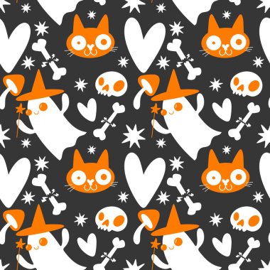 Cadılar Bayramı hayaletleri kağıt, kumaş, çarşaf ve çocuk giysileri baskısı, ambalaj ve şenlikli aksesuarlar için kusursuz çizgi film desenleri. Yüksek kaliteli illüstrasyon