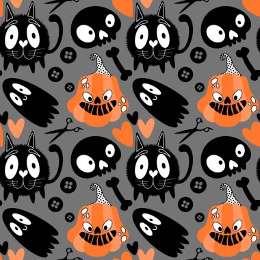 Cadılar Bayramı hayaletleri kağıt, kumaş, çarşaf ve çocuk giysileri baskısı, ambalaj ve şenlikli aksesuarlar için kusursuz çizgi film desenleri. Yüksek kaliteli illüstrasyon