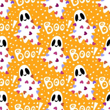 Cadılar Bayramı hayaletleri kağıt, kumaş, çarşaf ve çocuk giysileri baskısı, ambalaj ve şenlikli aksesuarlar için kusursuz çizgi film desenleri. Yüksek kaliteli illüstrasyon