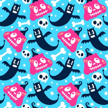 Cadılar Bayramı hayaletleri kağıt, kumaş, çarşaf ve çocuk giysileri baskısı, ambalaj ve şenlikli aksesuarlar için kusursuz çizgi film desenleri. Yüksek kaliteli illüstrasyon