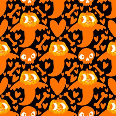 Cadılar Bayramı hayaletleri kağıt, kumaş, çarşaf ve çocuk giysileri baskısı, ambalaj ve şenlikli aksesuarlar için kusursuz çizgi film desenleri. Yüksek kaliteli illüstrasyon