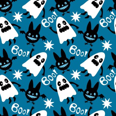 Cadılar Bayramı hayaletleri kağıt, kumaş, çarşaf ve çocuk giysileri baskısı, ambalaj ve şenlikli aksesuarlar için kusursuz çizgi film desenleri. Yüksek kaliteli illüstrasyon