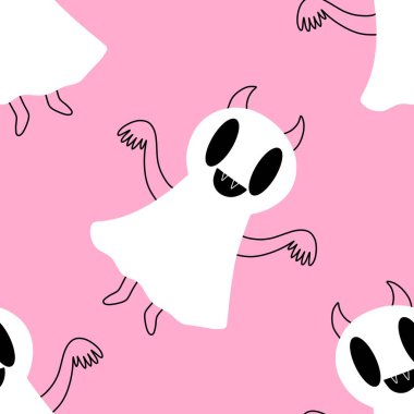 Cadılar Bayramı hayaletleri kağıt, kumaş, çarşaf ve çocuk giysileri baskısı, ambalaj ve şenlikli aksesuarlar için kusursuz çizgi film desenleri. Yüksek kaliteli illüstrasyon