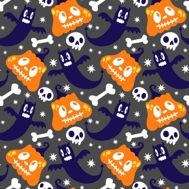 Cadılar Bayramı hayaletleri kağıt, kumaş, çarşaf ve çocuk giysileri baskısı, ambalaj ve şenlikli aksesuarlar için kusursuz çizgi film desenleri. Yüksek kaliteli illüstrasyon