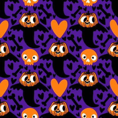 Cadılar Bayramı hayaletleri kağıt, kumaş, çarşaf ve çocuk giysileri baskısı, ambalaj ve şenlikli aksesuarlar için kusursuz çizgi film desenleri. Yüksek kaliteli illüstrasyon