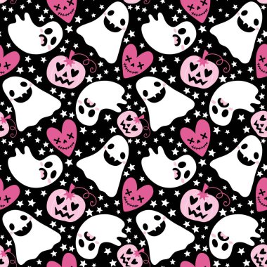 Cadılar Bayramı hayaletleri kağıt, kumaş, çarşaf ve çocuk giysileri baskısı, ambalaj ve şenlikli aksesuarlar için kusursuz çizgi film desenleri. Yüksek kaliteli illüstrasyon