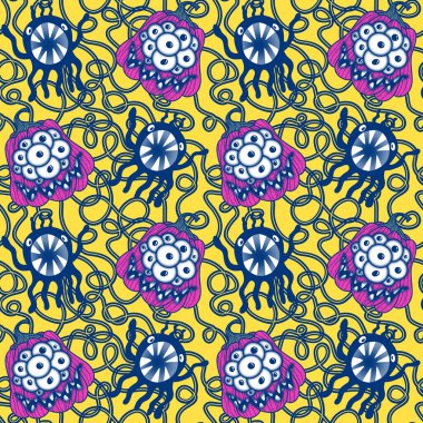 Cadılar Bayramı balkabakları kağıt, kumaş, çarşaf, çocuk giysisi baskısı, şenlik ambalajı ve sonbahar partisi aksesuarları için kusursuz canavar desenleri. Yüksek kaliteli illüstrasyon