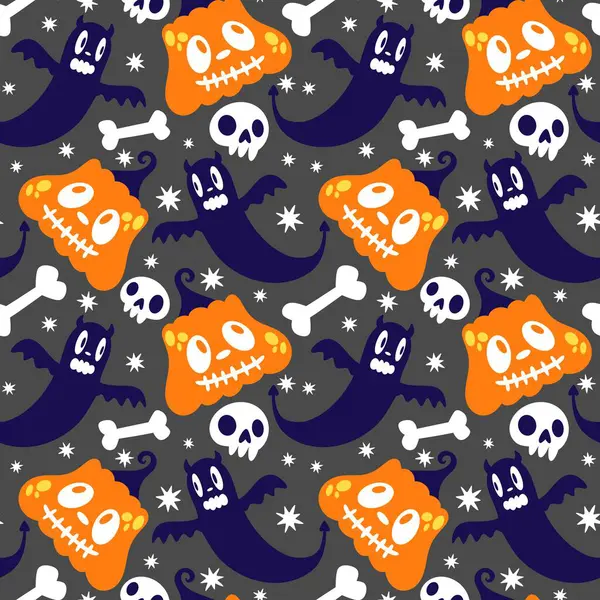 Cadılar Bayramı hayaletleri kağıt, kumaş, çarşaf ve çocuk giysileri baskısı, ambalaj ve şenlikli aksesuarlar için kusursuz çizgi film desenleri. Yüksek kaliteli illüstrasyon