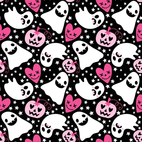 Cadılar Bayramı hayaletleri kağıt, kumaş, çarşaf ve çocuk giysileri baskısı, ambalaj ve şenlikli aksesuarlar için kusursuz çizgi film desenleri. Yüksek kaliteli illüstrasyon