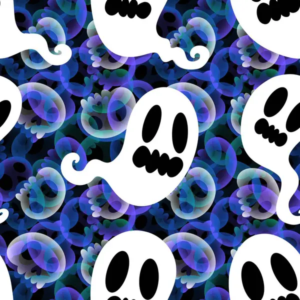 Cadılar Bayramı hayaletleri kağıt, kumaş, çarşaf ve çocuk giysileri baskısı, ambalaj ve şenlikli aksesuarlar için kusursuz çizgi film desenleri. Yüksek kaliteli illüstrasyon