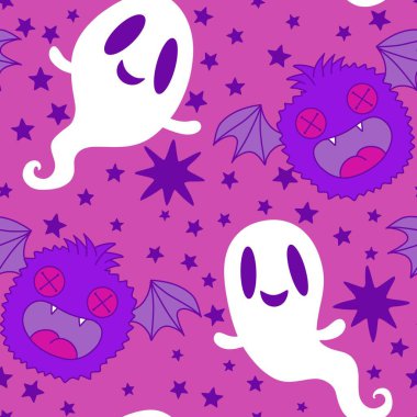 Cadılar Bayramı hayaletleri kağıt, kumaş, çarşaf ve çocuk giysileri baskısı, ambalaj ve şenlikli aksesuarlar için kusursuz çizgi film desenleri. Yüksek kaliteli illüstrasyon