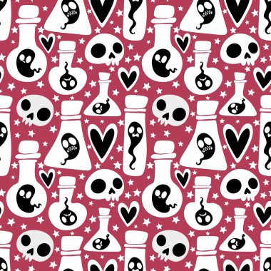 Cadılar Bayramı hayaletleri kağıt, kumaş, çarşaf ve çocuk giysileri baskısı, ambalaj ve şenlikli aksesuarlar için kusursuz çizgi film desenleri. Yüksek kaliteli illüstrasyon