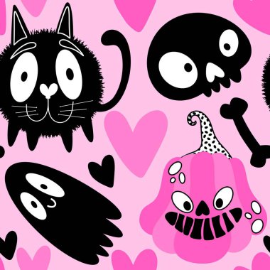 Cadılar Bayramı hayaletleri kağıt, kumaş, çarşaf ve çocuk giysileri baskısı, ambalaj ve şenlikli aksesuarlar için kusursuz çizgi film desenleri. Yüksek kaliteli illüstrasyon