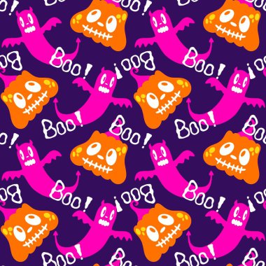Cadılar Bayramı hayaletleri kağıt, kumaş, çarşaf ve çocuk giysileri baskısı, ambalaj ve şenlikli aksesuarlar için kusursuz çizgi film desenleri. Yüksek kaliteli illüstrasyon