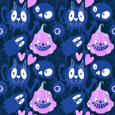 Cadılar Bayramı hayaletleri kağıt, kumaş, çarşaf ve çocuk giysileri baskısı, ambalaj ve şenlikli aksesuarlar için kusursuz çizgi film desenleri. Yüksek kaliteli illüstrasyon