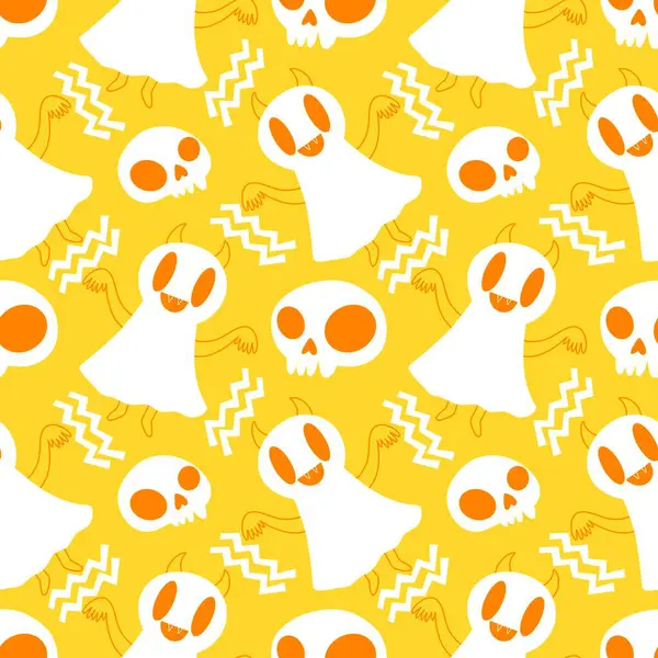 Cadılar Bayramı hayaletleri kağıt, kumaş, çarşaf ve çocuk giysileri baskısı, ambalaj ve şenlikli aksesuarlar için kusursuz çizgi film desenleri. Yüksek kaliteli illüstrasyon