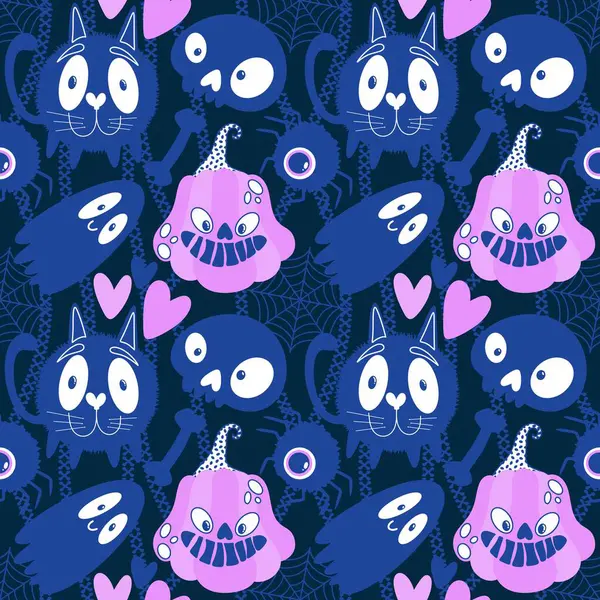 Cadılar Bayramı hayaletleri kağıt, kumaş, çarşaf ve çocuk giysileri baskısı, ambalaj ve şenlikli aksesuarlar için kusursuz çizgi film desenleri. Yüksek kaliteli illüstrasyon