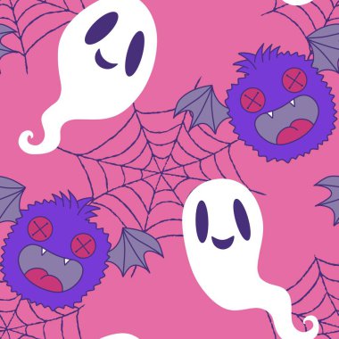 Cadılar Bayramı hayaletleri kağıt, kumaş, çarşaf ve çocuk giysileri baskısı, ambalaj ve şenlikli aksesuarlar için kusursuz çizgi film desenleri. Yüksek kaliteli illüstrasyon