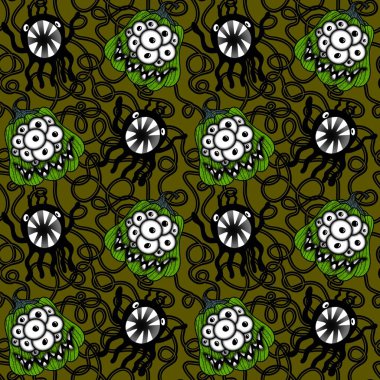 Cadılar Bayramı balkabakları kağıt, kumaş, çarşaf, çocuk giysisi baskısı, şenlik ambalajı ve sonbahar partisi aksesuarları için kusursuz canavar desenleri. Yüksek kaliteli illüstrasyon