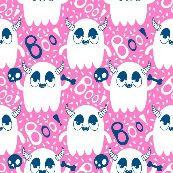 Cadılar Bayramı hayaletleri kağıt, kumaş, çarşaf ve çocuk giysileri baskısı, ambalaj ve şenlikli aksesuarlar için kusursuz çizgi film desenleri. Yüksek kaliteli illüstrasyon