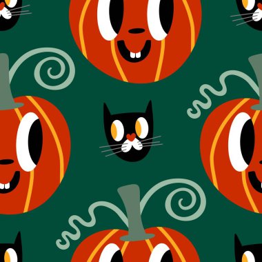 Cadılar bayramı hayvanları kusursuz kediler ve paket kağıdı, kumaş, çarşaf ve çocuk kıyafetleri ve parti aksesuarları için hayalet deseni. Yüksek kaliteli illüstrasyon