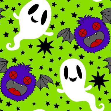 Cadılar Bayramı hayaletleri kağıt, kumaş, çarşaf ve çocuk giysileri baskısı, ambalaj ve şenlikli aksesuarlar için kusursuz çizgi film desenleri. Yüksek kaliteli illüstrasyon