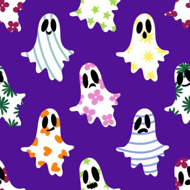 Cadılar Bayramı hayaletleri kağıt, kumaş, çarşaf ve çocuk giysileri baskısı, ambalaj ve şenlikli aksesuarlar için kusursuz çizgi film desenleri. Yüksek kaliteli illüstrasyon