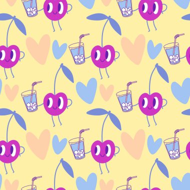 Kağıt, kumaş, çarşaf, çocuk giysileri, tekstil ürünleri, parti aksesuarları ve mutfak için yaz meyvesiz kiraz deseni. Yüksek kaliteli illüstrasyon