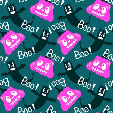 Cadılar Bayramı hayaletleri kağıt, kumaş, çarşaf ve çocuk giysileri baskısı, ambalaj ve şenlikli aksesuarlar için kusursuz çizgi film desenleri. Yüksek kaliteli illüstrasyon