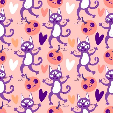 Cadılar bayramı hayvanları kusursuz kediler ve paket kağıdı, kumaş, çarşaf ve çocuk kıyafetleri ve parti aksesuarları için hayalet deseni. Yüksek kaliteli illüstrasyon